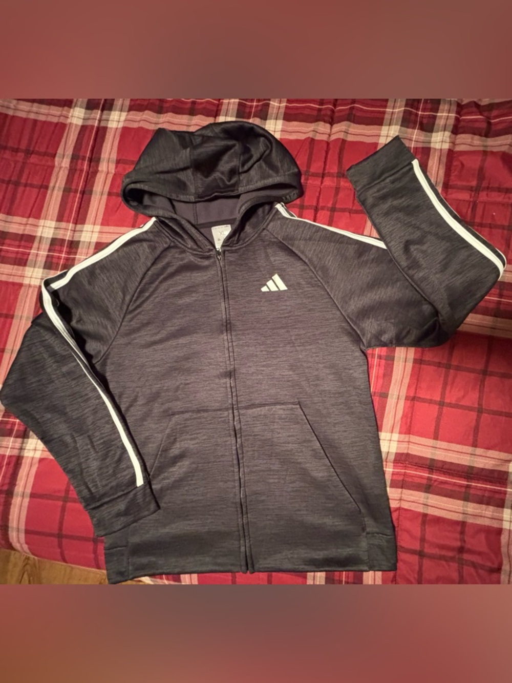 adidas Youth Dark Heather Gray Full-Zip Hoodie with White Stripe Accents